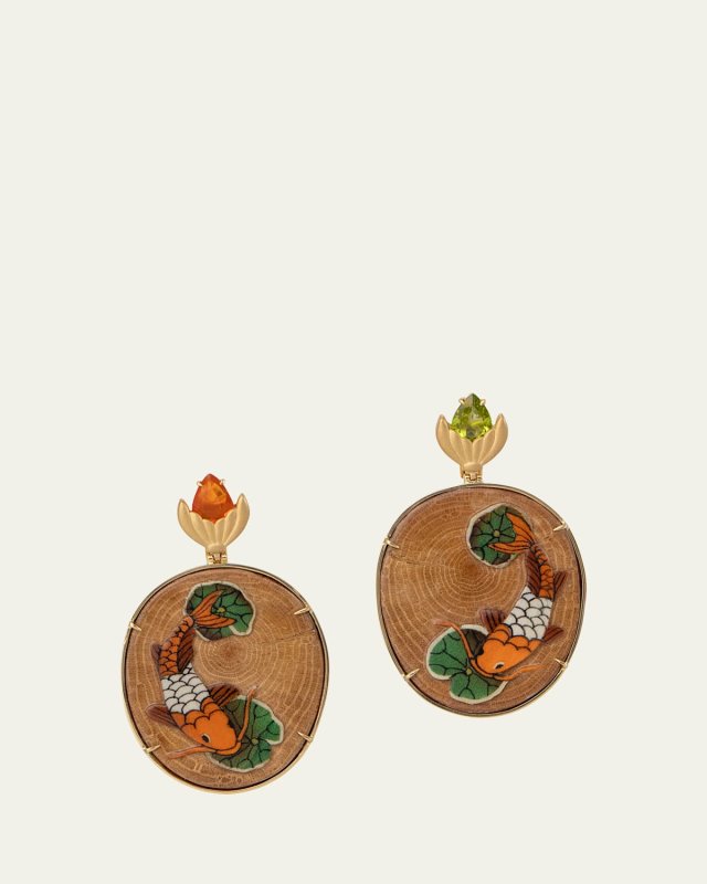 Marquetry Carp Image Wood Earrings with Diamonds, Fire Opal, and Peridot